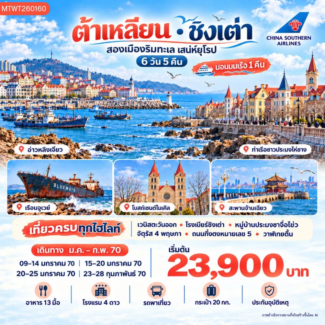 ทัวร์จีน ต้าเหลียน ชิงเต่า นอนบนเรือ 1 คืน 6 วัน 5 คืน (CZ)