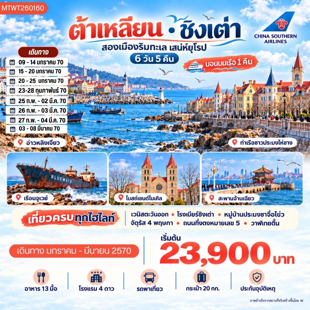 ทัวร์จีน ต้าเหลียน ชิงเต่า นอนบนเรือ 1 คืน 6 วัน 5 คืน (CZ)